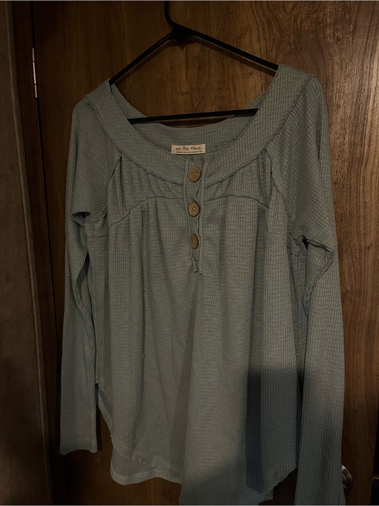 We The Free Tops - We The Free Light Blue Waffle Knit Button-Front Long Sleeve Top